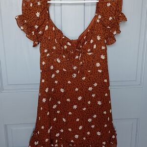 Rust Brown Floral Flutter Sleeve Mini Dress